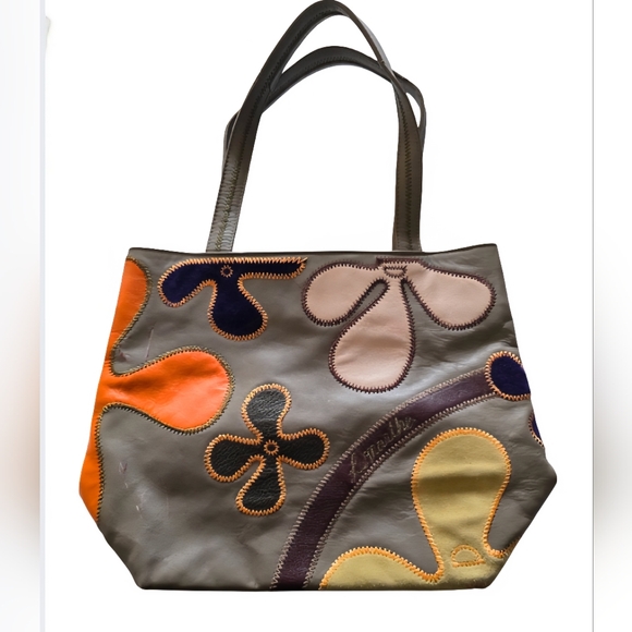 Vintage Handbags - Lamarthe of Paris Leather Purse Gray Boho Flower Shoulder Bag French Designer